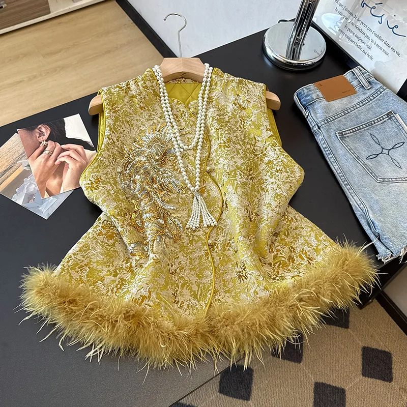 

Новый жилет в китайском стиле с вышивкой и перьями по подолу, женский роскошный топ Ципао без рукавов, костюм Ханфу, осенне-зимняя новогодняя куртка