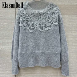 9.29 KlasonBell Women Clothes Sexy Elegant Sheer Lace Embroidery Spliced O-Neck Cashmere Knitwear Long Sleeve Split  Sweater