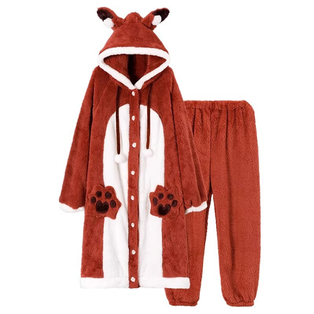 

Red Fox Cosplay Hooded Robe With Pants 2 Piece Set Flannel Long Sleeve Thick Warm Soft Winter Nightdress Two-piece Set Pajamas