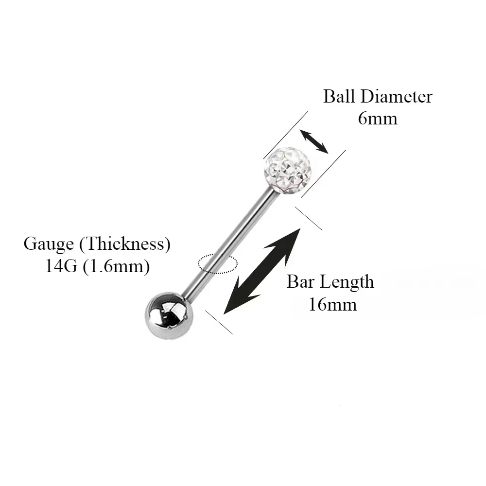 14 g 1,6 mm Epoxidharz-Kristall, 16 mm Zungenring, Barbell, chirurgischer Stahl, 6 mm Kugel-Körperpiercing-Schmuck – Detail 3