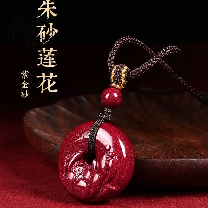 Fashion Red Cinnabar Jade Lotus Safety Buckle Pendant Necklace Jewellery Chinese Hand-Carved Healing Fashion Women Luck Gift