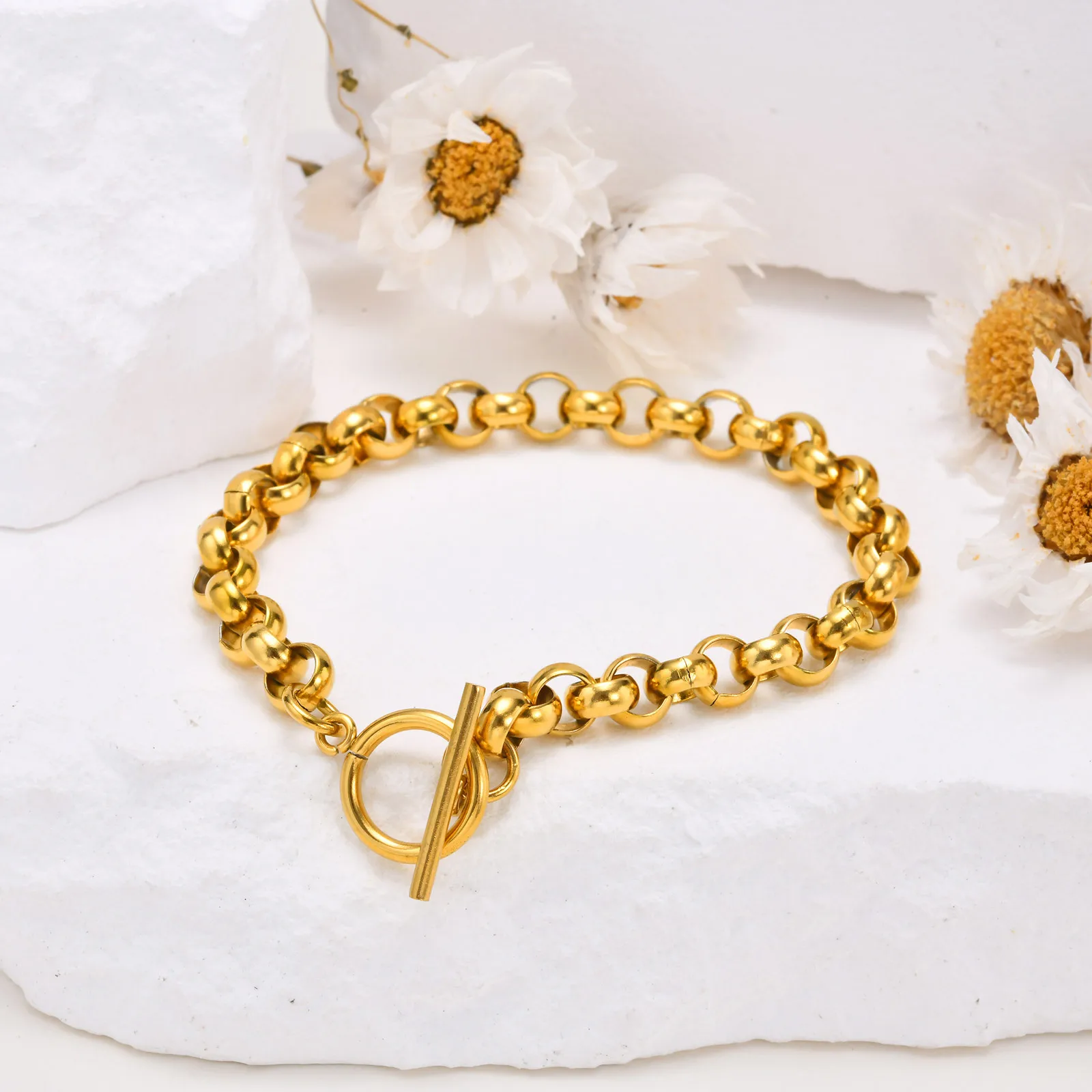 Vnox Stainless Steel Belcher Rolo Bracelet, Simple Women Metal Link Chain Wristband, T Bar Toggle Clasp fit 18cm Wrist