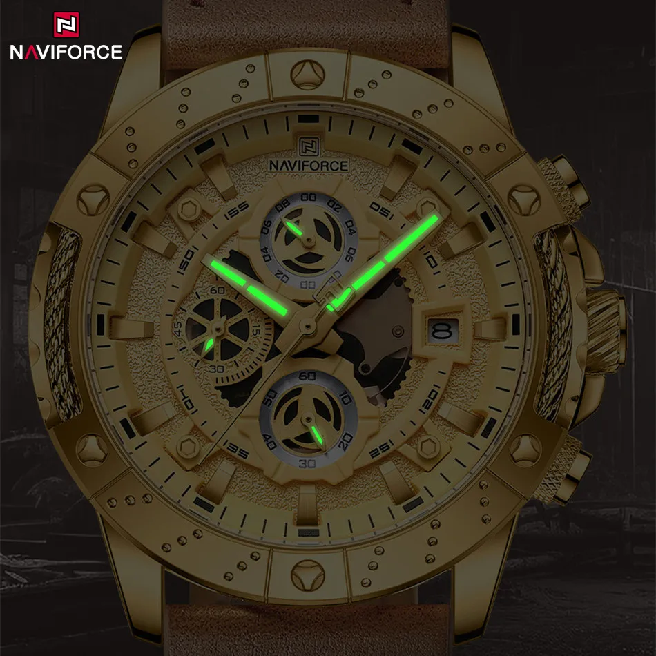 NAVIFORCE New Men\'s Sport Quartz Watch Leather Strap Waterproof Luminous Male Luxury Chronograph Wristwatches Relogio Masculino