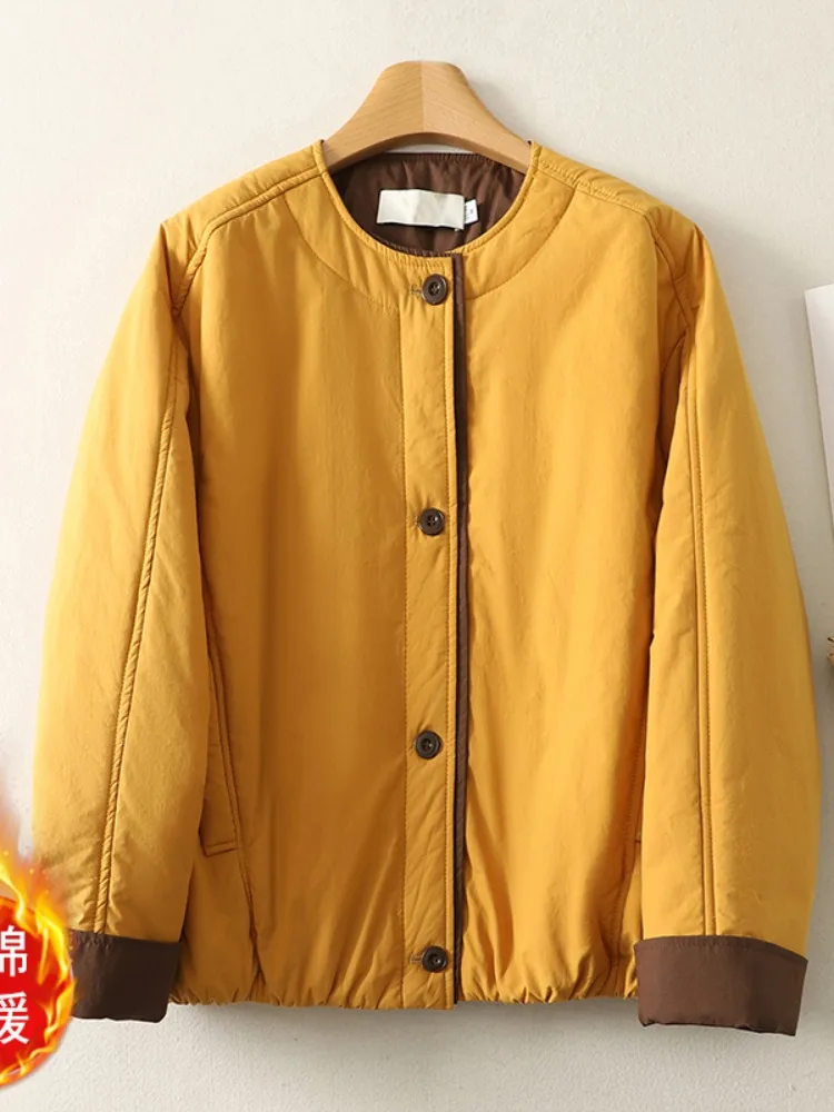 Korean Style Color Block Cotton Jacket Women's Winter Fashion Lightweight Short round Neck Cotton Top Thickened Long Sleeve