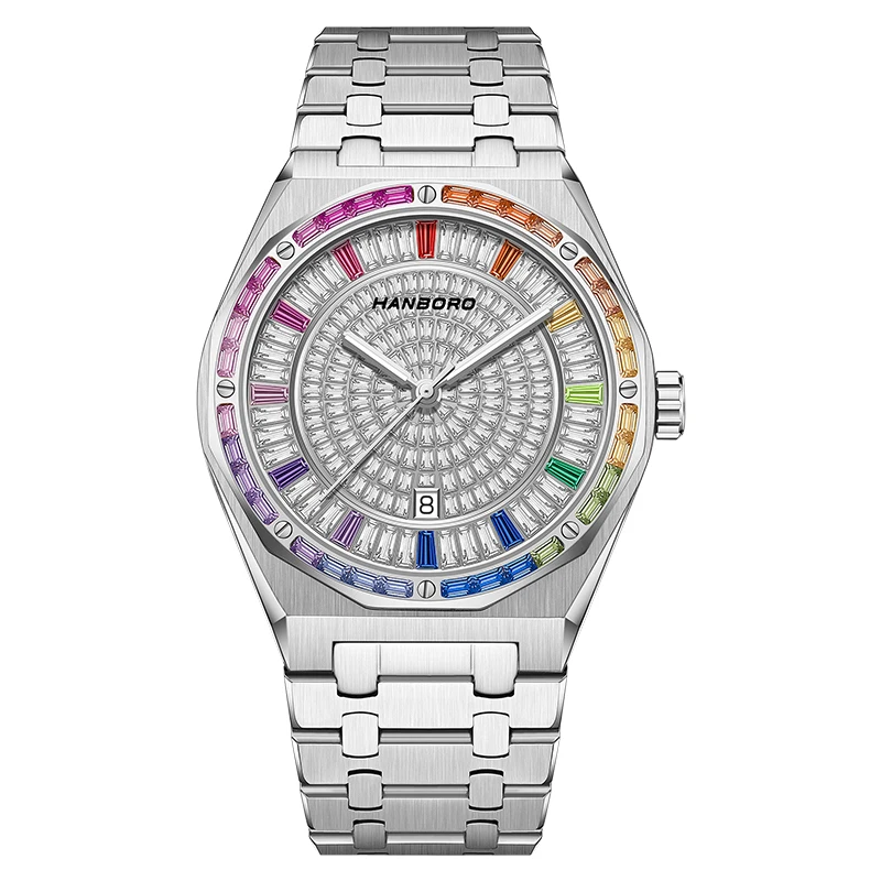 HANBORO Men Automatic Watch 40mm Mechanical Wristwatch Luminous 5ATM Waterproof Full Crystal Dial