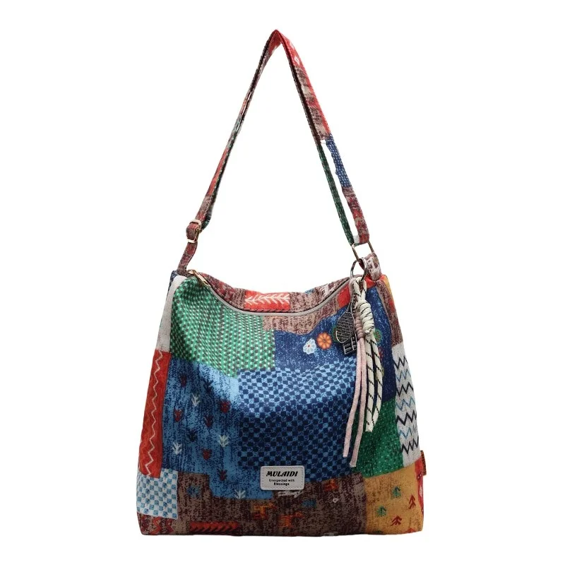Retro Color Block Ethnic Style Denim Canvas Bag Single Shoulder Slant Cross Women's Bag Soft Tote Bag Water Washable Youth