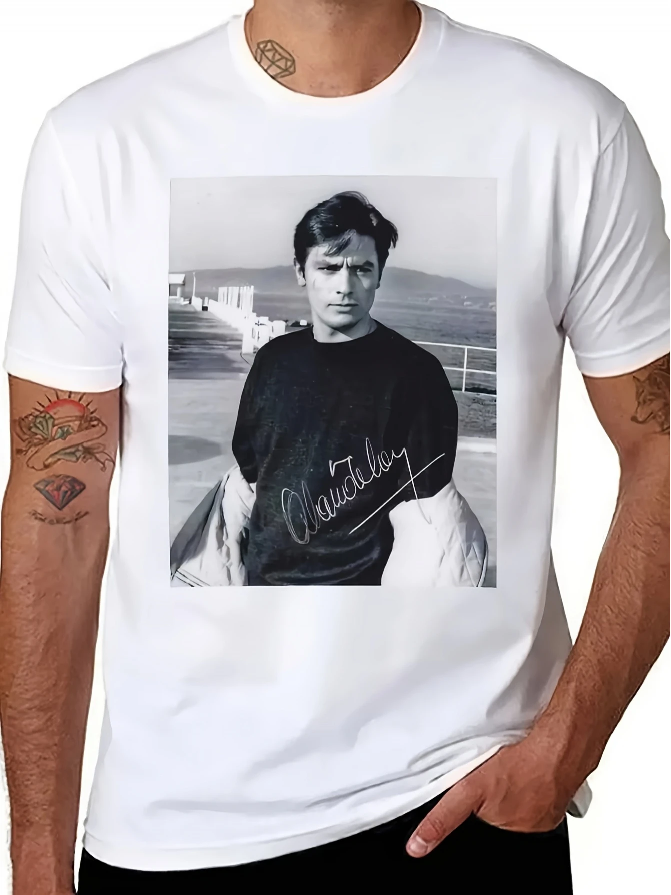 Alain Delon Men's Retro Graphic T-Shirt - Classic movie-themed shirt white crew neck design perfect for casual wear
