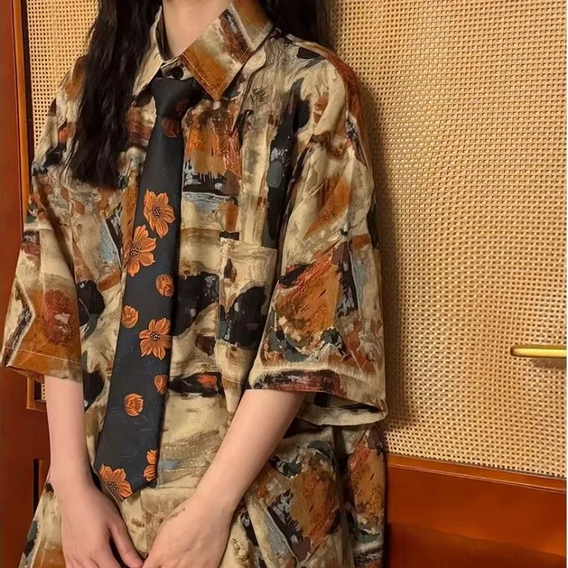 DAYIFUN Women\'s Brown Ink Printing Shirt Summer American Vintage Loose Short Sleeved Shirt Girls Preppy Style Versatile Tops