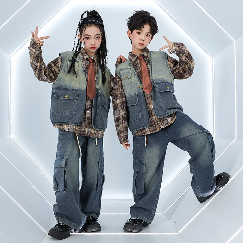 Demin Suit Boys Girls Hip-hop Clothes Street Dance Jazz Dance Costume Long Sleeve Shirt Vest Jeans Boy Girl Outfit Wear DQL10074