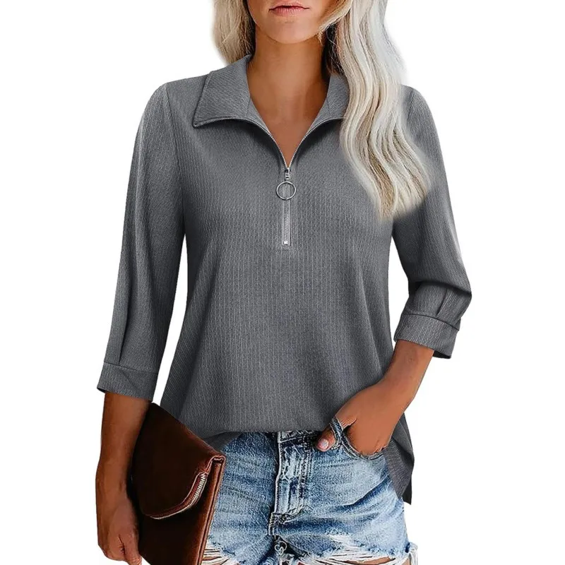 Spring 2025 New Fashion Trend 3/4 Sleeve Zipper V-neck Simple Commuting Leisure Multi Functional Temperament Aging Women's Top