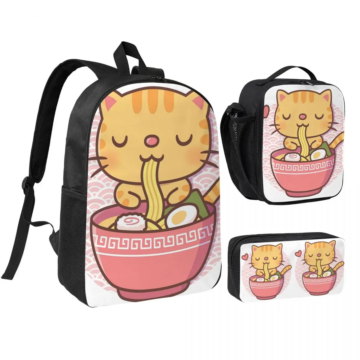 Cute Cat Eat Lamian Noodles Ramen Backpack Student BookBag School Bag Shoulder Bags 3ps Insulated Lunch Bag Pencil Case