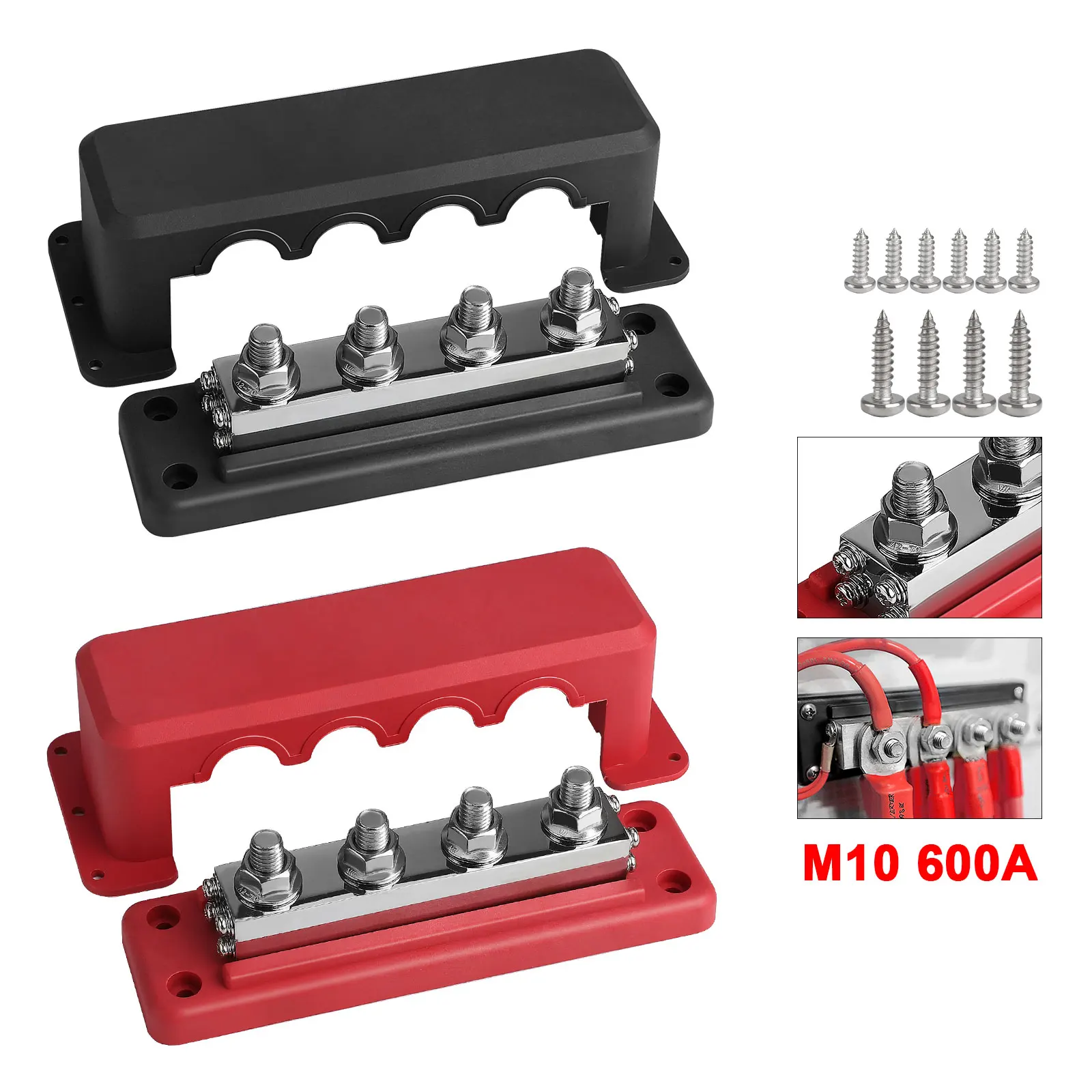 12V-48V Heavy Duty Power Distribution Block Bus Bar 600A Positive Negative Terminal Block Stud M10  3/8