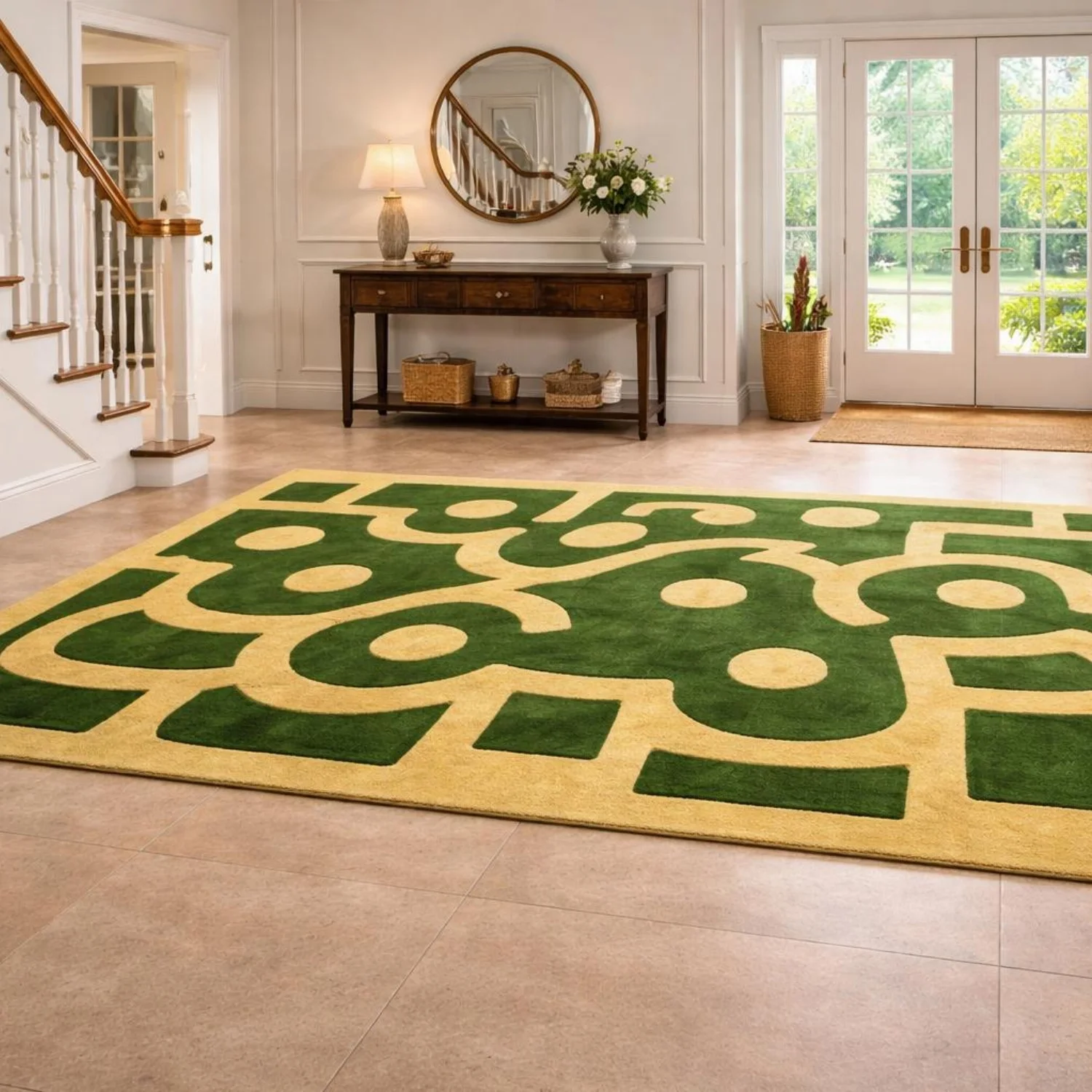 Room Decor Rug  Art DE1co Emerald Green and Gold Geometric Area Rug, Luxury Modern Abstract Living Room Carpet, MidCentury Modern Home DE1cor, Large Soft Rug
