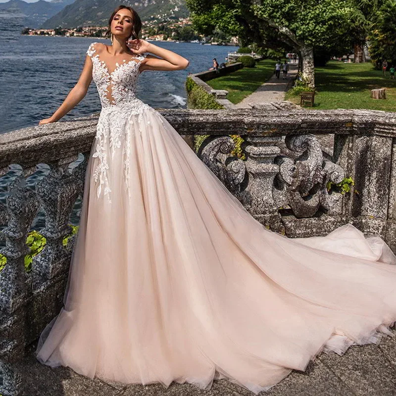 Customzied  Elegant Women Boat Neck A-line Appliqué Lace Wedding Dress For Bride Illusion Cap Sleeve Church Wedding Gowns