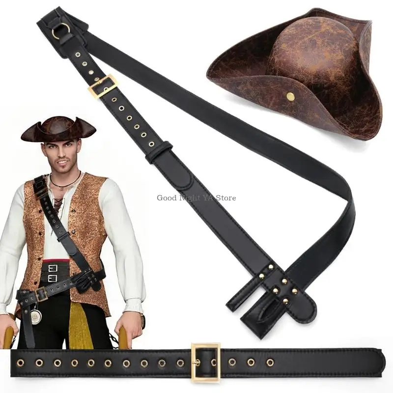 

Исторический пиратский наряд для ролевых игр, комплект из 3 предметов, регулируемый пояс и шляпа, аксессуар для костюма для на