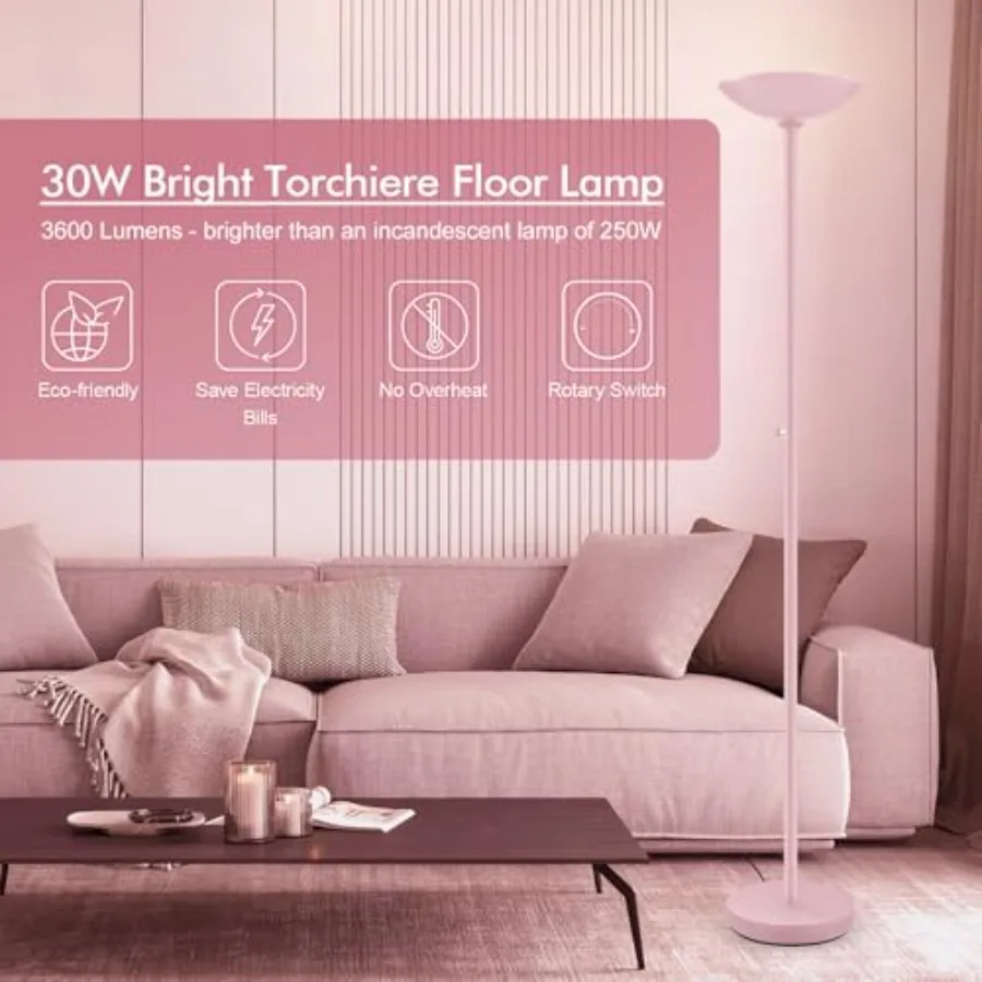 30W Torchiere Floor Lamp, 3600LM Super Bright LED Pole Lamp, 71Inch Tall Stepless Dimmable Torch Lamp, 1Inch Thick Metal Tube,