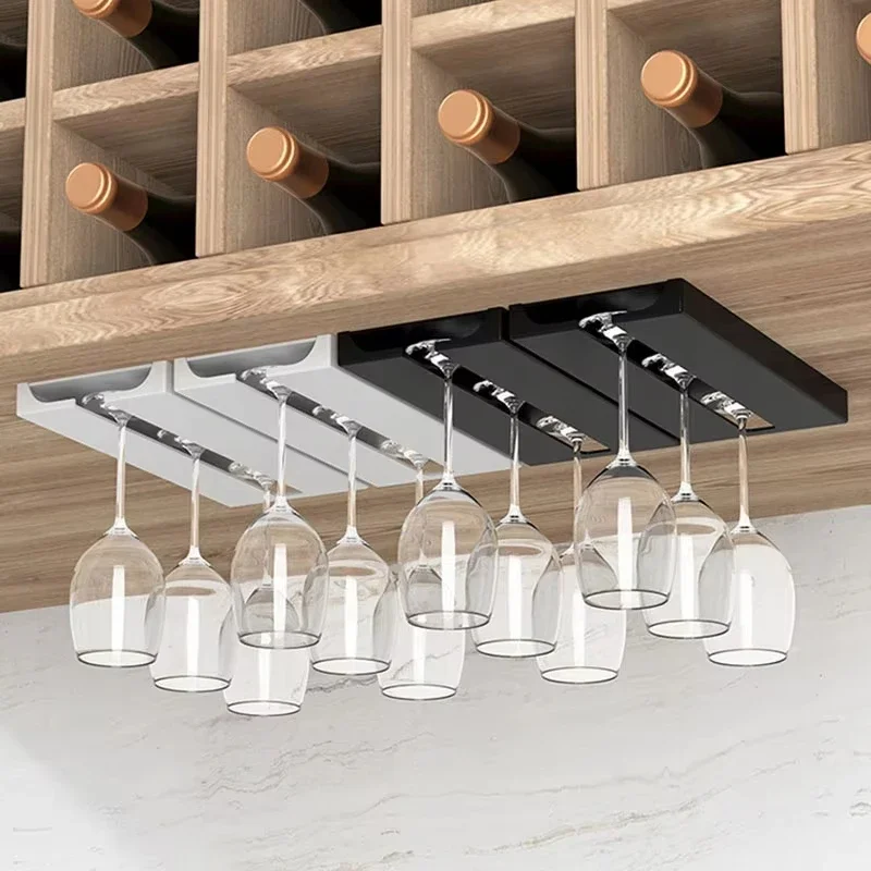 2PCS Kitchen Under Cabinet Free Punching Holder Wine Glass Rack Multi-function Classification Stemware Glass Cup Hanging Holder