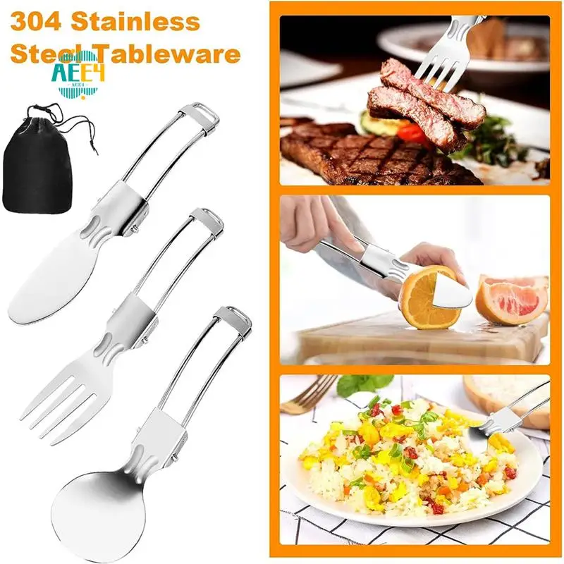 

AEE4-Camping Cookware Set Silver Stainless Steel Camping Pot Portable Outdoor Tableware Set Foldable And Stackable Pot Set