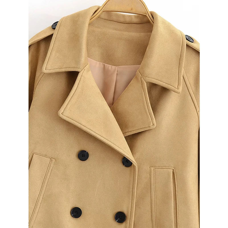 سترة نسائية كاكي مزدوجة الصدر بأكمام طويلة وياقة على شكل طية صدر السترة للخريف والشتاء معطف قصير أنيق ملابس نسائية أنيقة