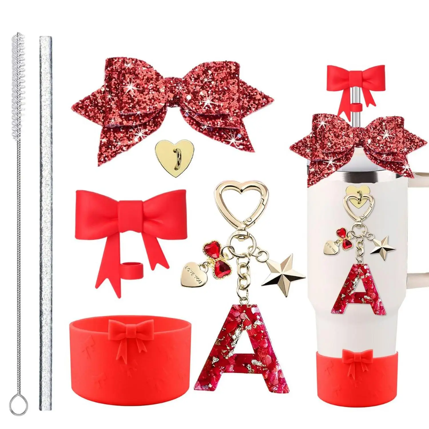 Glitter Silicone Bow Straw Topper Sequined Letter Charm Cup Ch Straws Glitter Cup Accessories