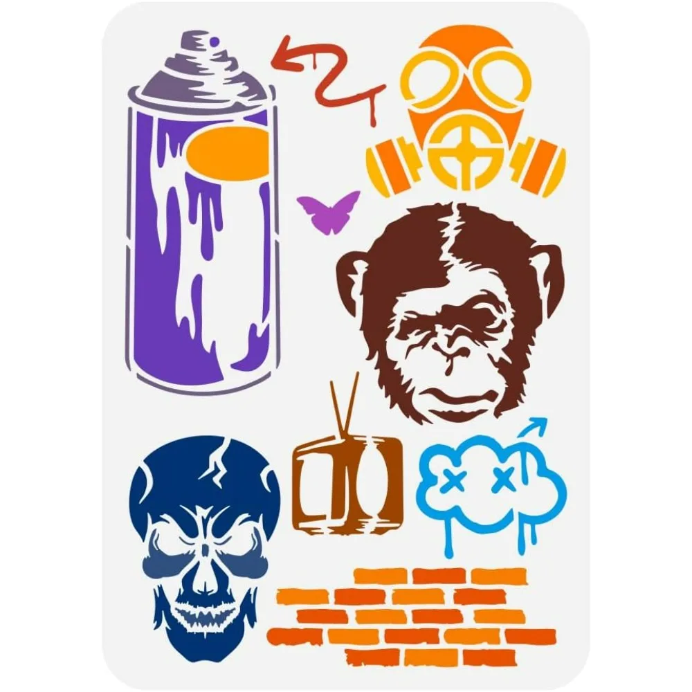 Graffiti Patterns Painting Stencil 8.3x11.7inch Reusable Chimpanzee Stencil Brick Wall Plastic Template Gas Mask  Graffiti Theme