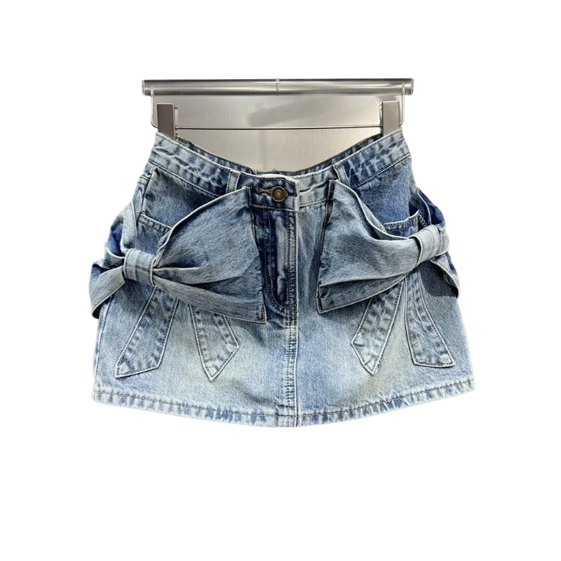 Three-dimensional Bow Denim Short Skirt Women's New 2026  Summer Dress Spice Girl Style Niche Design Sense Hip A-shaped Skirt