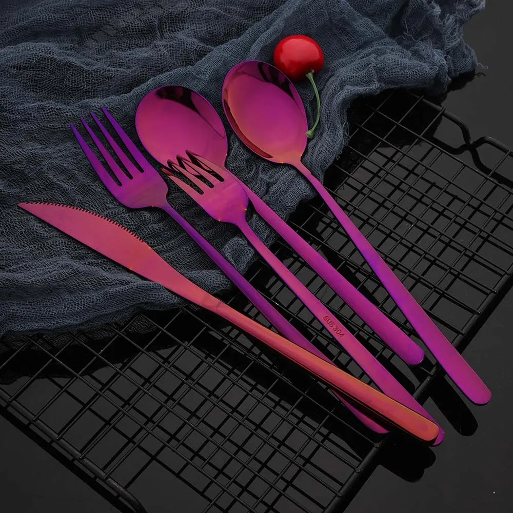 5Pcs Purple Dinnerware Set Western Tableware 18/10 Stainless Steel Dessert Fork Knife Spoon Cutlery Set Home Party Flatware Set