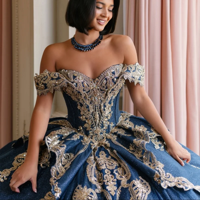 

Блестящее темно-синее платье Quinceanera, блестящая наклейка, 3D цветок, многослойный длинный хвост, бант, Vestidos De 15, Quinceanera ﻿ Настроить