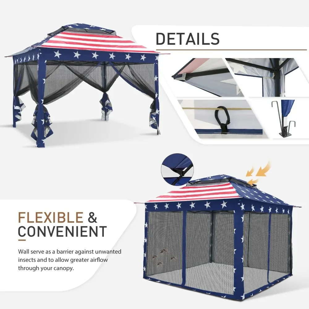 Pop-up Instant Gazebo Tent with Mosquito Account Outside Canopy Shelter with 121 Square Feet of Shade (United States Flag)