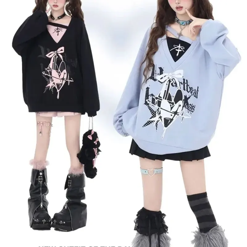 

Japan Style Printed Hotsweet Hoodies Women's Clothing Cute V-Neck Autumn Loose Fake Two Pieces Casual Long Sleeve Sweatshirts