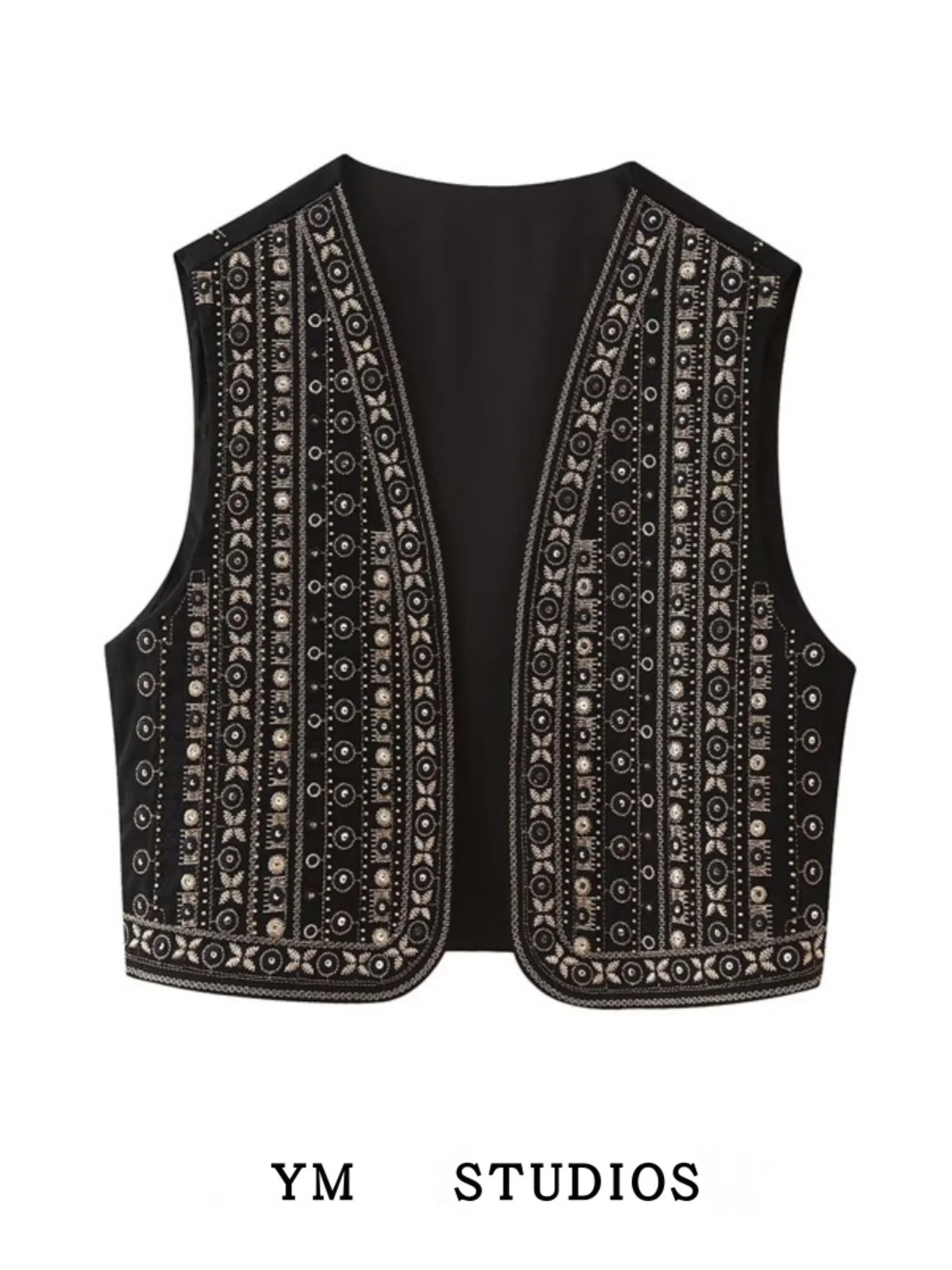 Black Embroidered Beaded Vest American Retro Versatile Heavyweight Buttonless Outerwear Shoulder Wrap Top Street Style Short