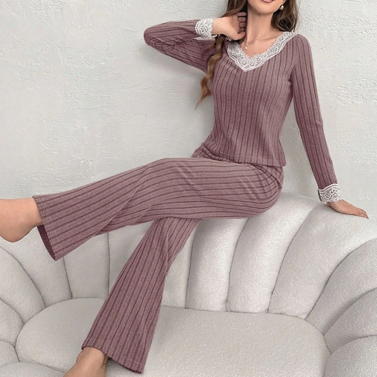 Elegant Ribbed Knit Long Sleeve Top And Flared Pants Set With Contrast Lace Trim V Neck Casual Loungewear