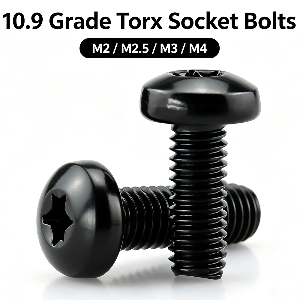 10.9 Grade Carbon Steel Black Six Lobe Torx Round Head Screw 50pcs M2 M2.5 M3 M4 High Strength Black Oxide Pan Head Torx Screws