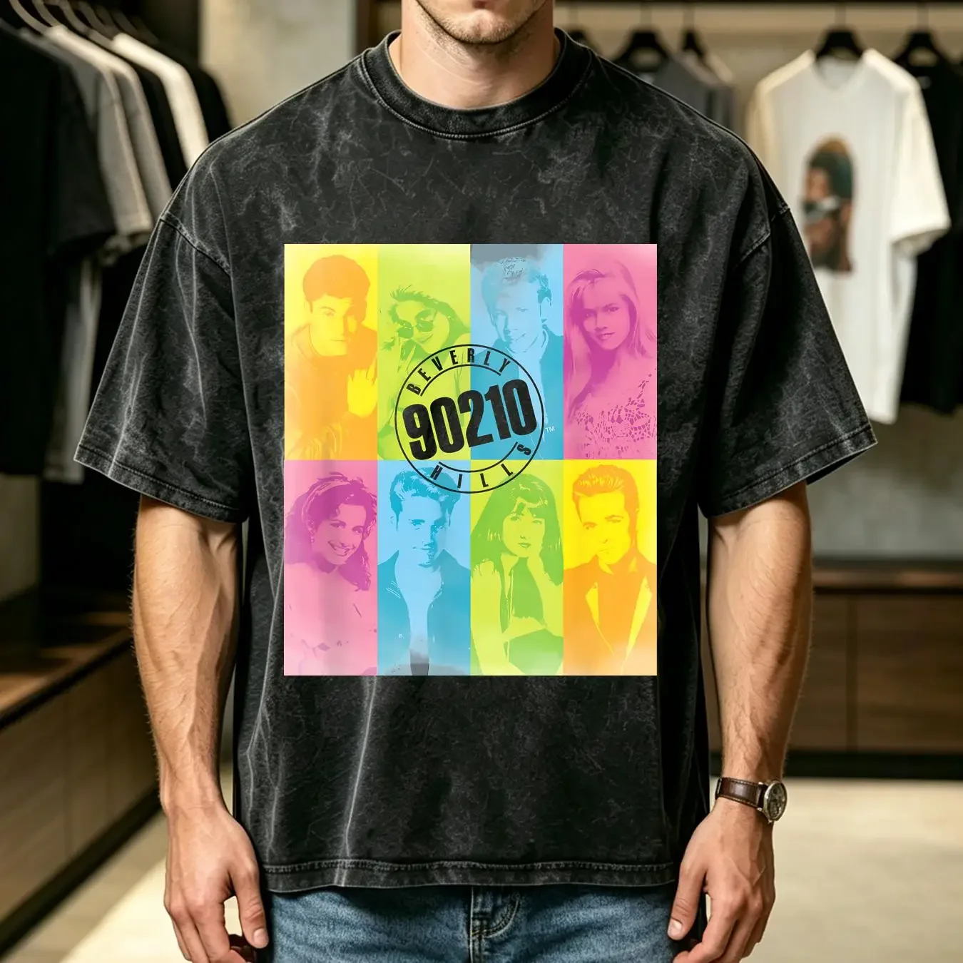 washed T Shirt Beverly Hills 90210 Womens Color Block Cast White long or short sleeves vintage Washed Unisex Stretched