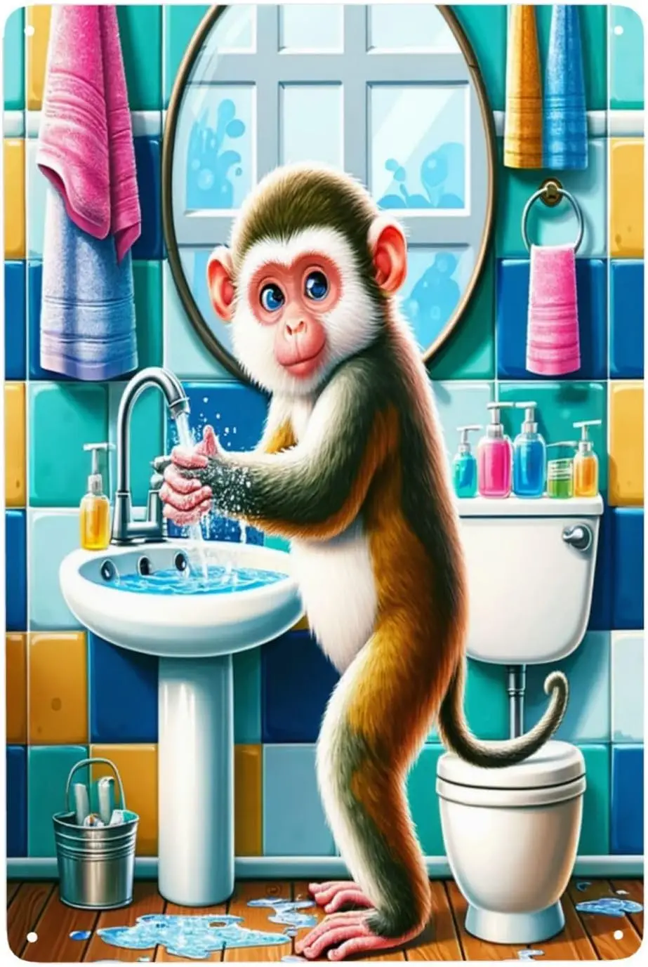 Whimsical Monkey Handwashing Poster Colorful Metal Tin Sign Wall Art decor,Playful Bathroom Decor for Home & Kids'  good si sign