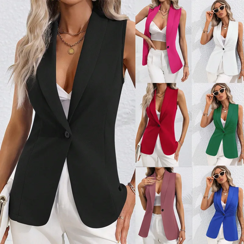 

Sleeveless Single Button Women Blazer Jacket Vest Summer Fashion Solid Color Coat