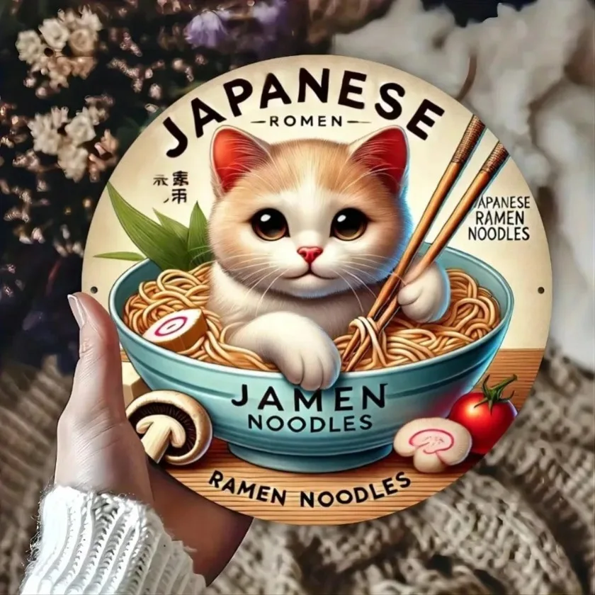 Anime Cat Ramen Poster Aluminum Wall Art, Japanese Kitchen Decor Living Room Housewarming Gift