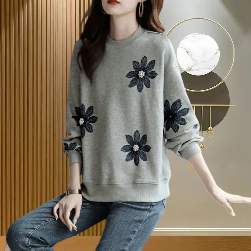 Women Autumn Winter Fashion Diamonds Printing O-neck Long Sleeve Sweatshirts Women Clothes Elegant All-match Temperament Tops