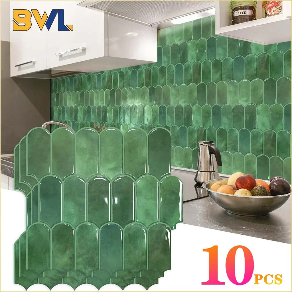 10PCS Self Adhesive 3D Wall Sticker Fish Scale PVC Tile Waterproof Mold Resistant for Kitchen Bathroom Backsplash Decor