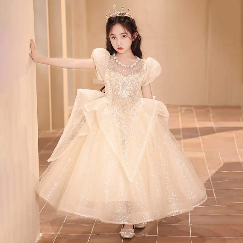 Girl's Wedding Bridesmaid Dress Sequin Butterfly Beads Luxury Flower Girl long Dress Ball Children Birthday Party Evening Dress