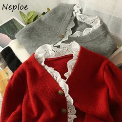 Newoe coreano Chic delicato Splicing pizzo con scollo a v Cardigan lavorato a maglia 2024 autunno inverno dolce temperamento manica lunga maglione cappotti