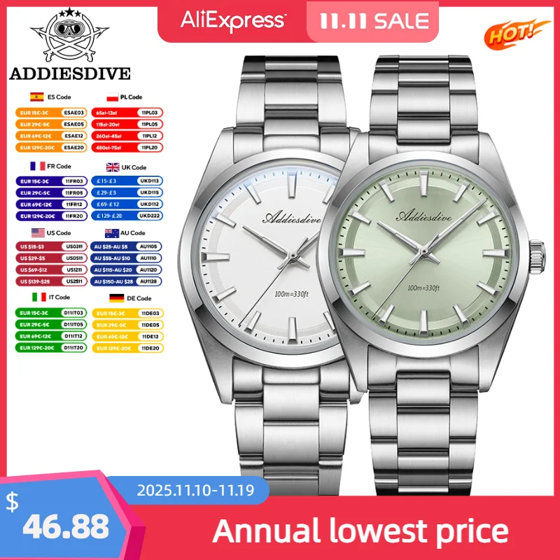 ADDIESDIVE Мужские часы AD2066 VH31 Bubble Mirror Glass 36 мм Кварцевые часы 10 бар Водонепроницаемые светящиеся наручные часы Relogios Masculino