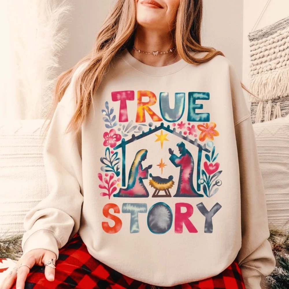 عيد الميلاد قصة حقيقية التصميم الإبداعي قمم الإيمان على أساس عيد الميلاد البلوز المرأة المسيحية عيد الميلاد السترة الملابس الدينية