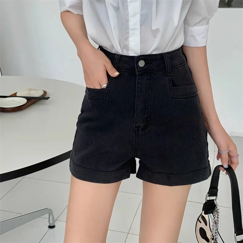 

High Waist Black Denim Shorts Women's Summer Straight Leg A-Line Hot Pants Slimming Trendy Jeans High Waist Shorts