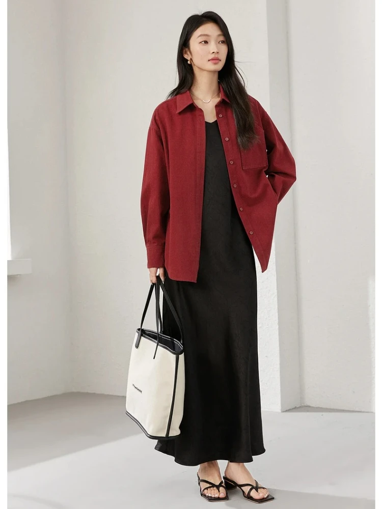 

VIMLY Elegant Women Red Shirt Long Sleeve Tops Pure Cotton Blouses for Woman Autumn 2025 New Polo Neck Casual Ladies Tops A0370