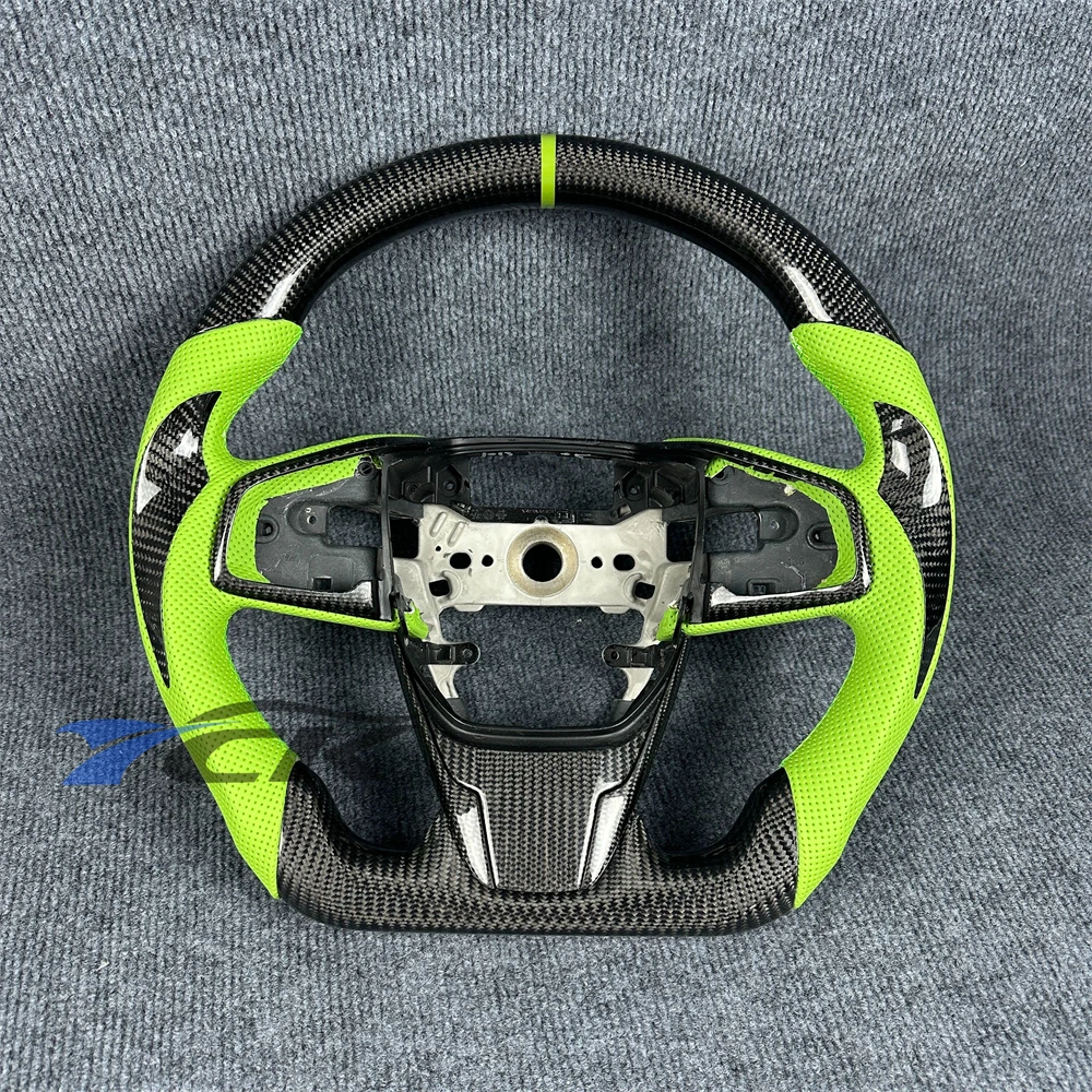 Steering Wheel for Honda Civic 2016 2017 2018 2019 2020 2021  Customized Black Carbon Fiber Green Leather
