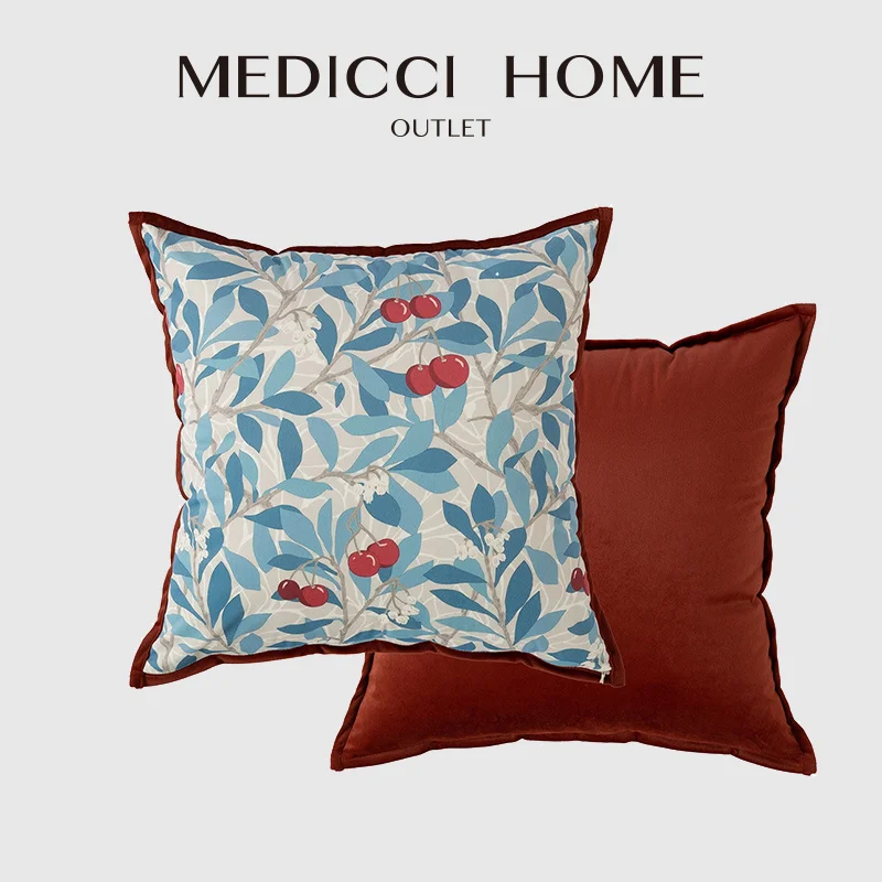 Medicci Home Four Seasons Decorative Cushion Cover Red Berries And Blue Foliage Botanical Throw Pillow Case For Sofa Bed Couch