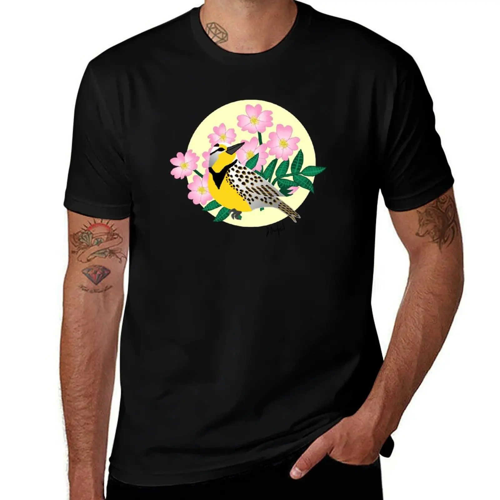North Dakota Meadowlark and Prairie Rose T-Shirt Cool Feeling Summer Tee Shirt T-Shirt