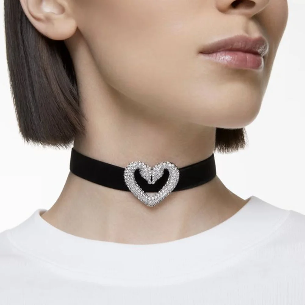 Fashion Y2k Heart Choker Necklace Elastic Rope for Girl Party Gift Romantic Valentine\'s Day Gift Rhinestone Collar Jewelry Women