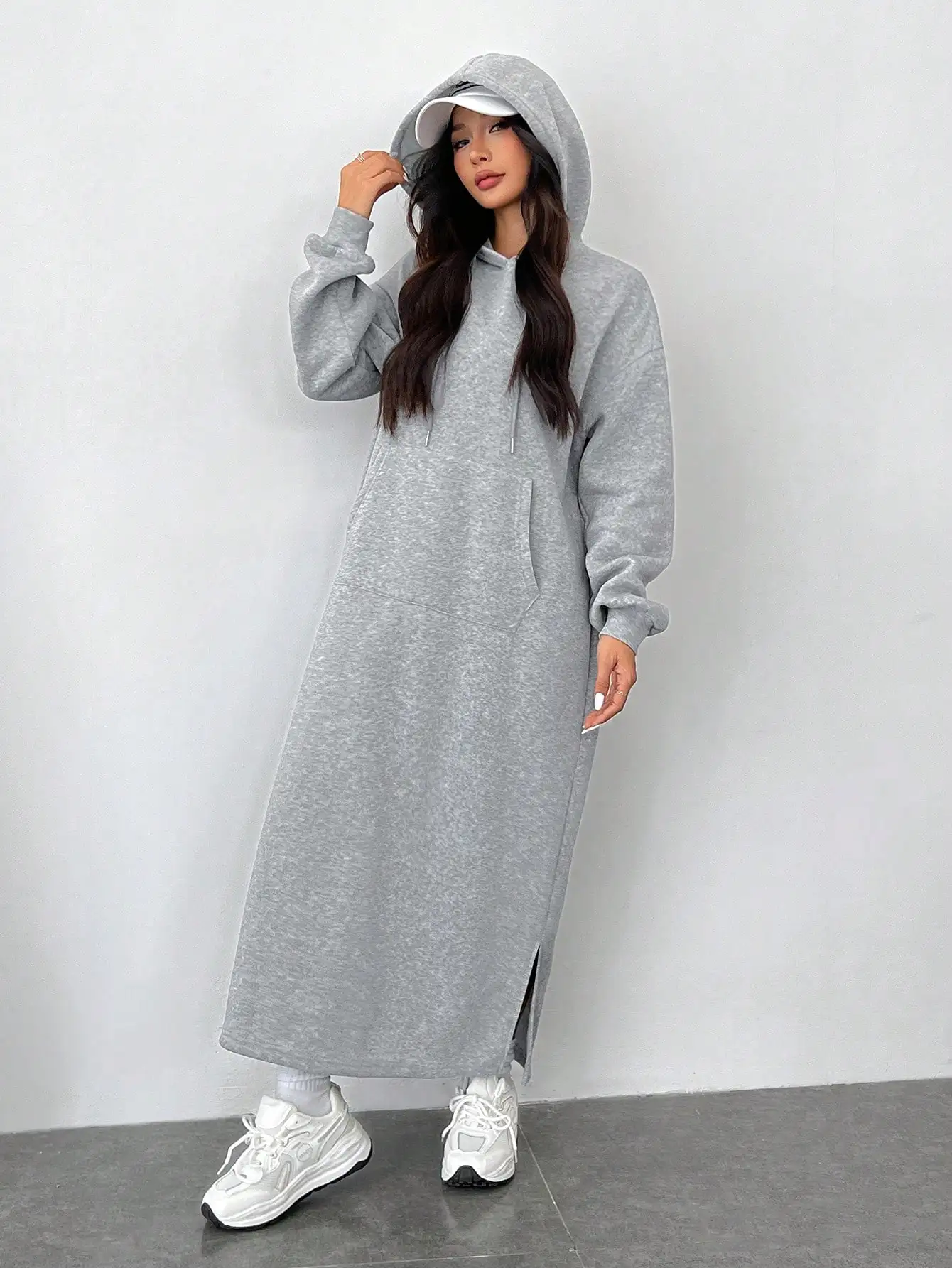 Vestido de moletom longo cinza com capuz para mulheres, moletom casual grande outono inverno com bolsos